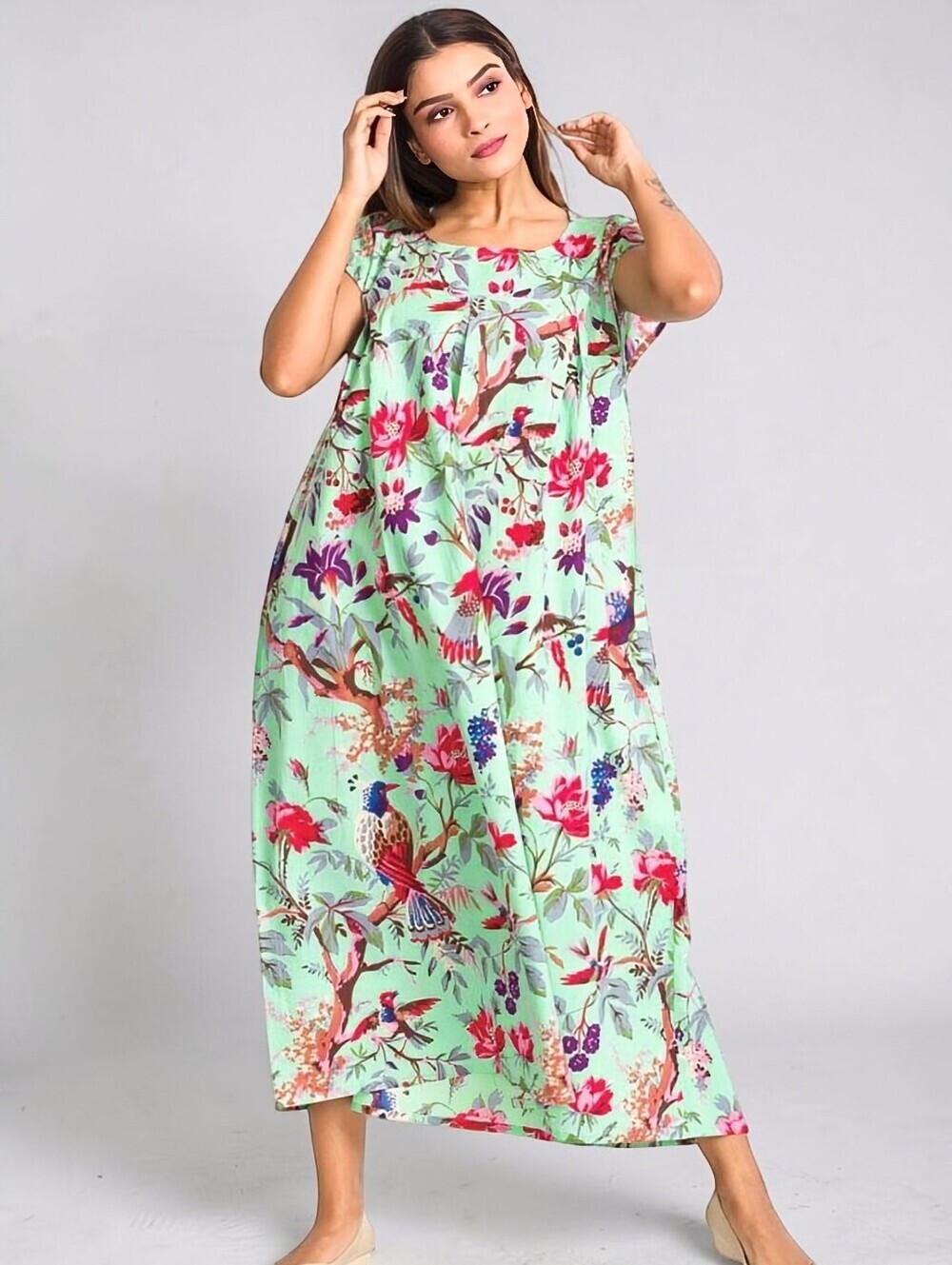 Sevya Handmade Ishani Cotton Floral Kaftan Dress L/XL Lightweight Natural Summer